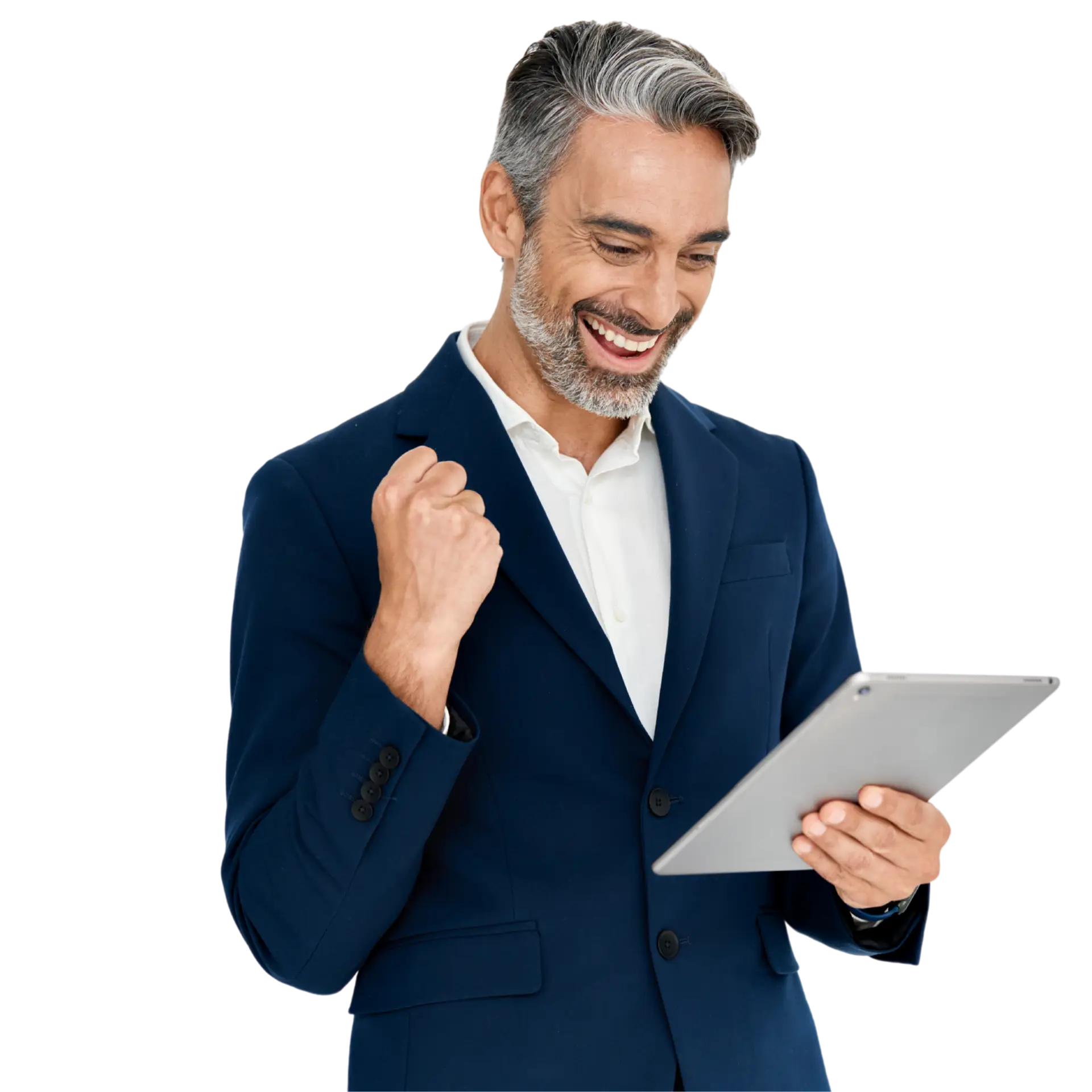 Smiling executive in a navy suit holding a tablet