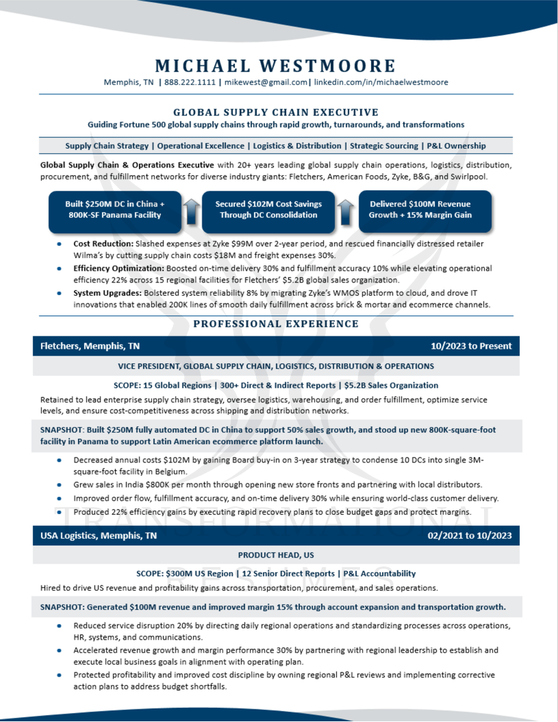 Global Supply Chain Executive resume sample