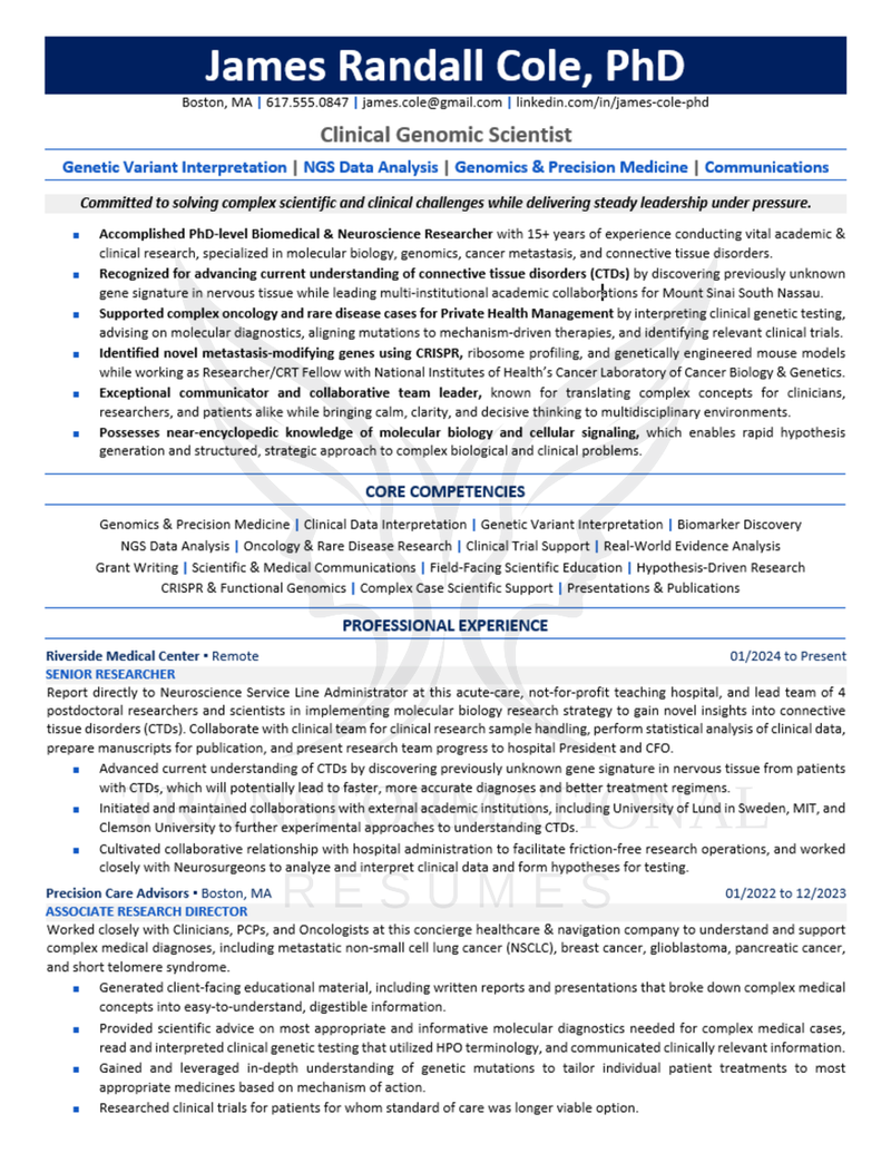 Clinical Genomic Scientist resume sample