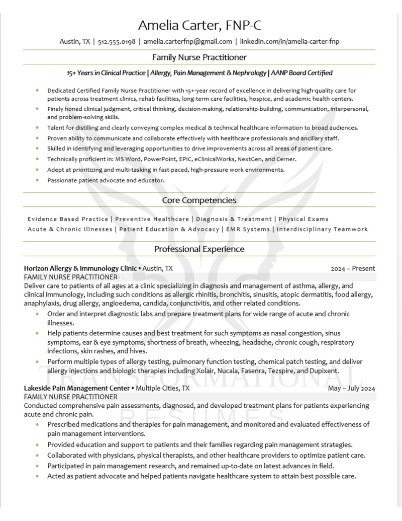 Family Nurse Practitioner resume sample