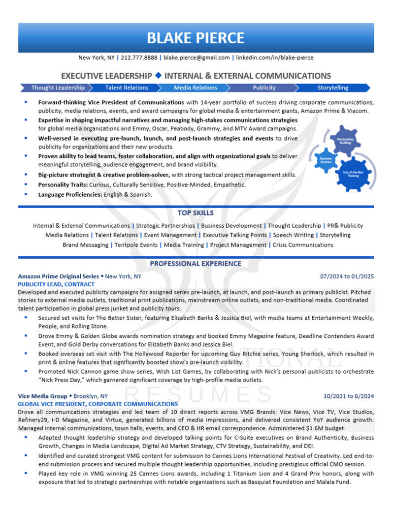 Media and Entertainment Executive resume sample