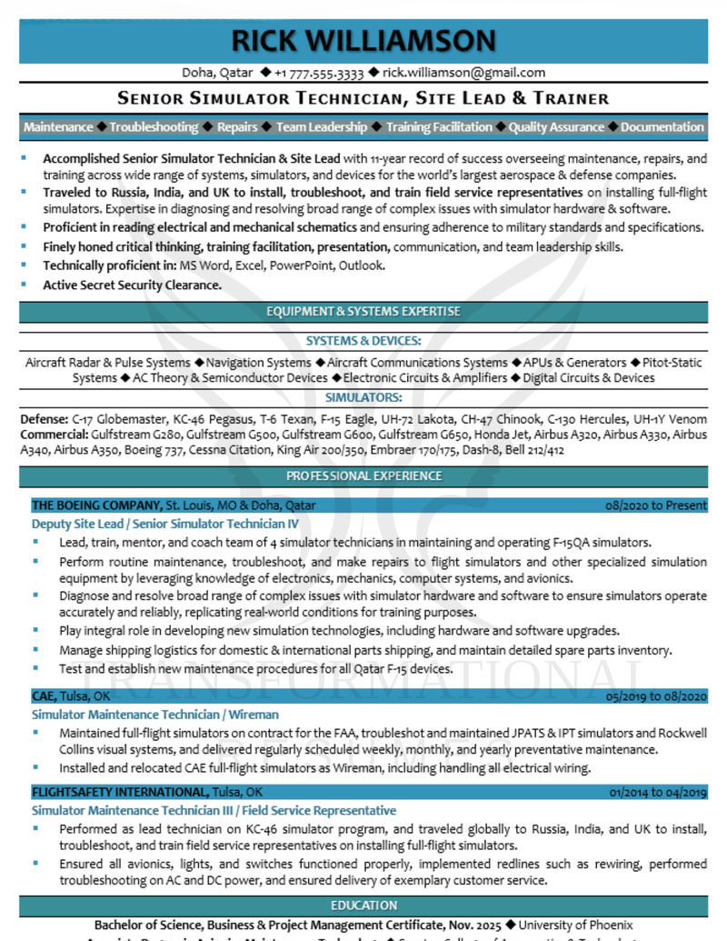 Flight Simulator Technician resume sample